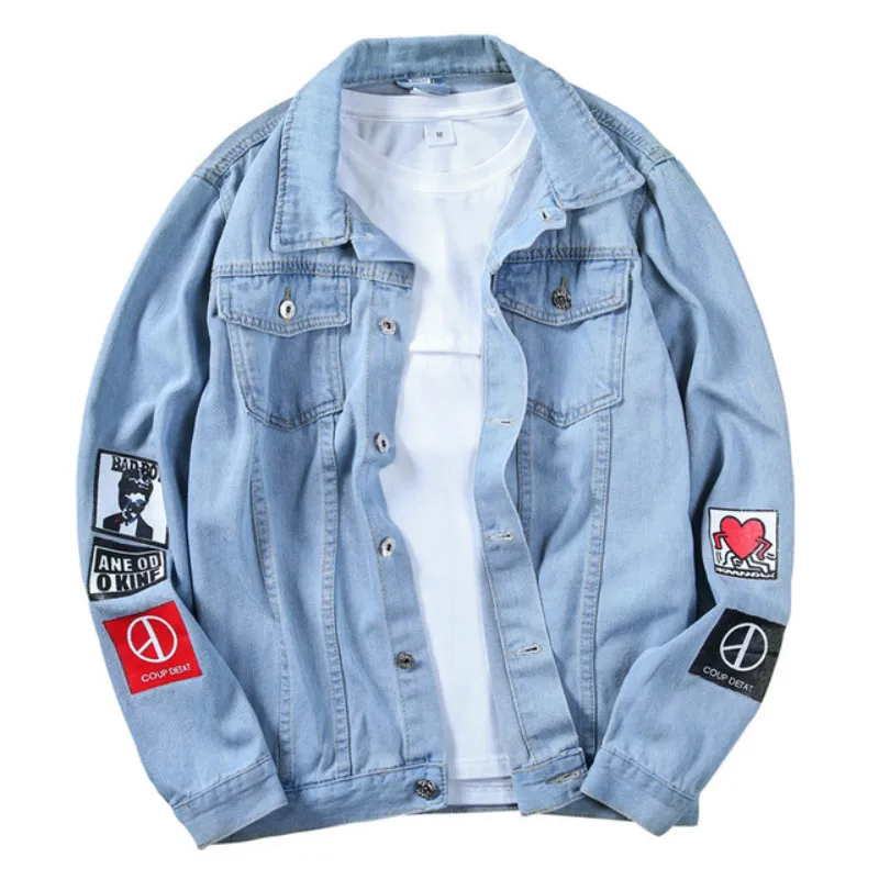 

Men Stylish Loose Denim Jacket Cowboy Slim Fit Bomber Outwear Jacket Denim Coat Clothing Men's Jean Jacket Hip Hop Print Coat