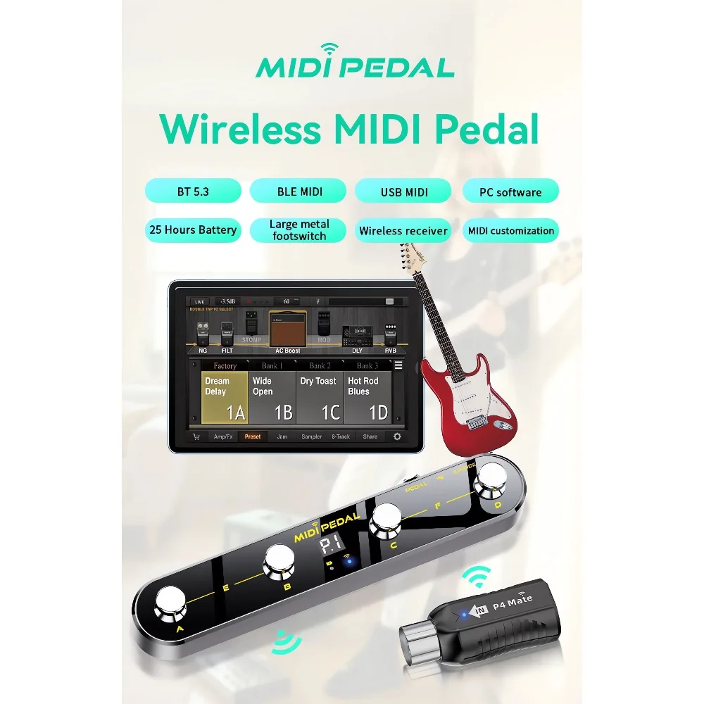 P4 Mate Wireless MIDI Foot Controller Pedal Mate MIDI Receiver 4 Customizable Footswitches Expression Pedal Bluetooth