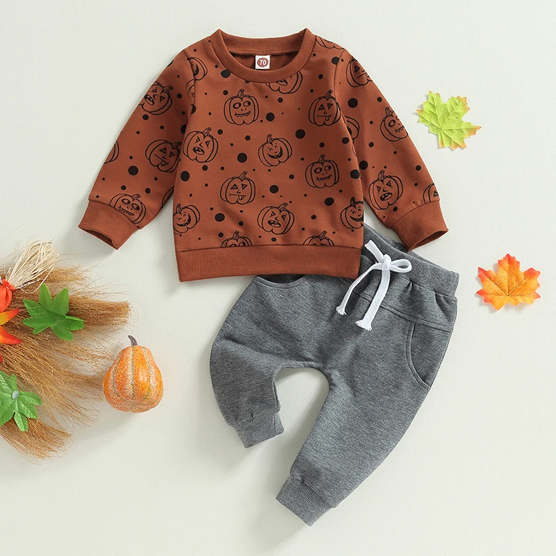 

Костюм на Хэллоуин для мальчиков 0-3 лет, свитшот с длинным рукавом и принтом тыквы и горошек + брюки, осень 2023, новинка, искусственная кожа