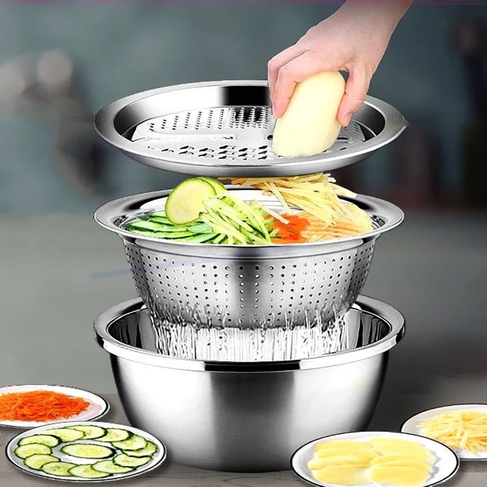 3Pcs/Set Multifunctional Kitchen Tool Grater Strainer Stainless Steel  Vegetables Fruits Graters Drain Basin Rice Washing Filter - AliExpress