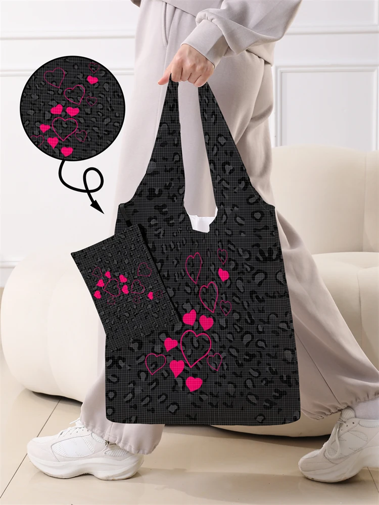 Women's Foldable Love Graffiti Pattern Large Shopping Bag Foldable Storage Reusable Easy to Carry Capacity Handbag