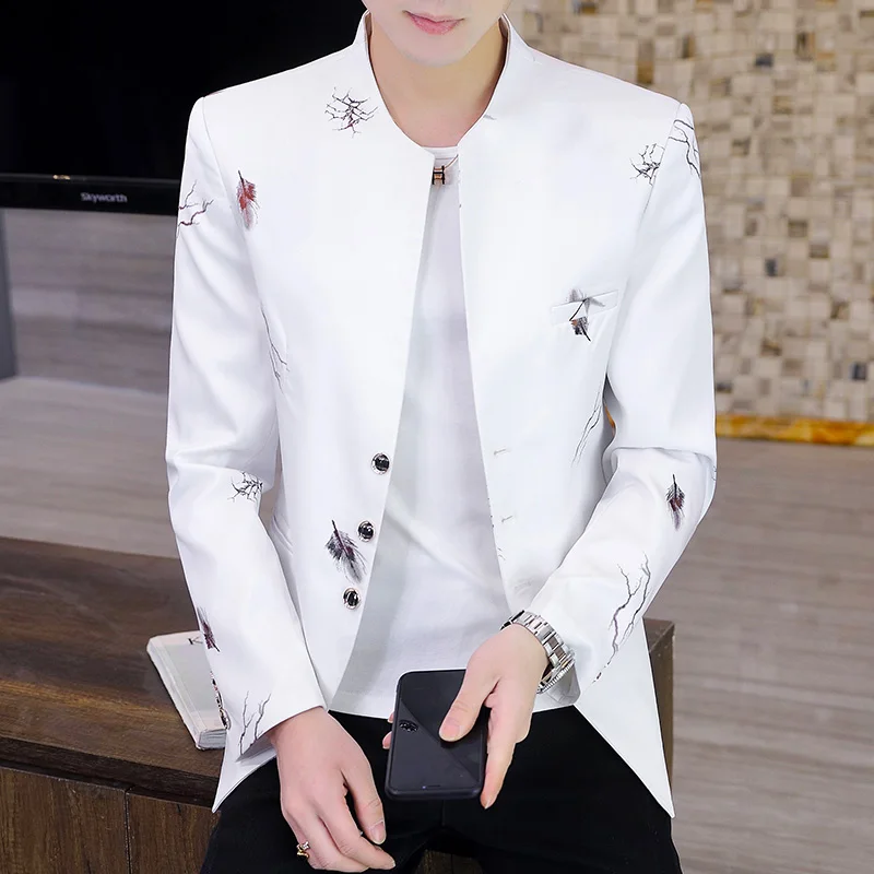 Autumn Feather Print Men Blazers Slim Fit Long Sleeve Collarless Casual Suit Jacket Korean Fashion Business Dress Coats M-4XL