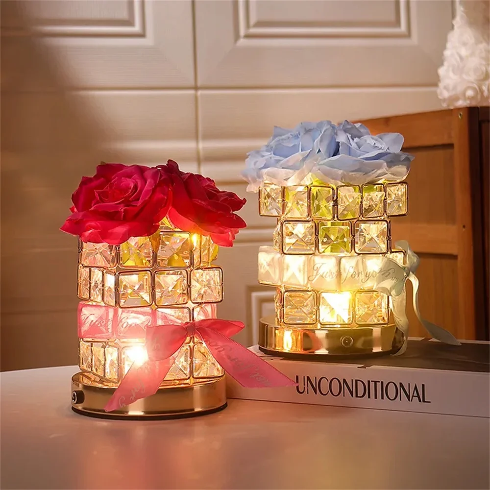 LED Rose Table Lamp 3 Colors Rechargeable Crystal Rubik's Cube Night Light For Girlfriend Valentine's Day Birthday Romantic Gift