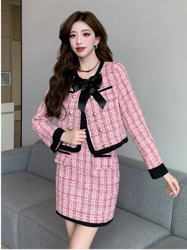 

New Small Fragrance High Quality Tweed Set 2023 Autumn Age Reducing Contrast Color Bow Jacket Coat+Skirt Street Two-Piece Suits