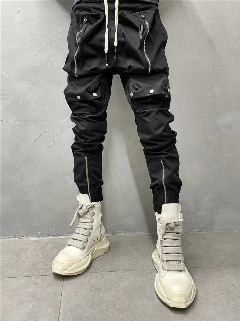 

High Street Multi-Pocket Stitching Techwear Overalls Washed Fashion Ankle-Tied Casual Pants Personality Zipper