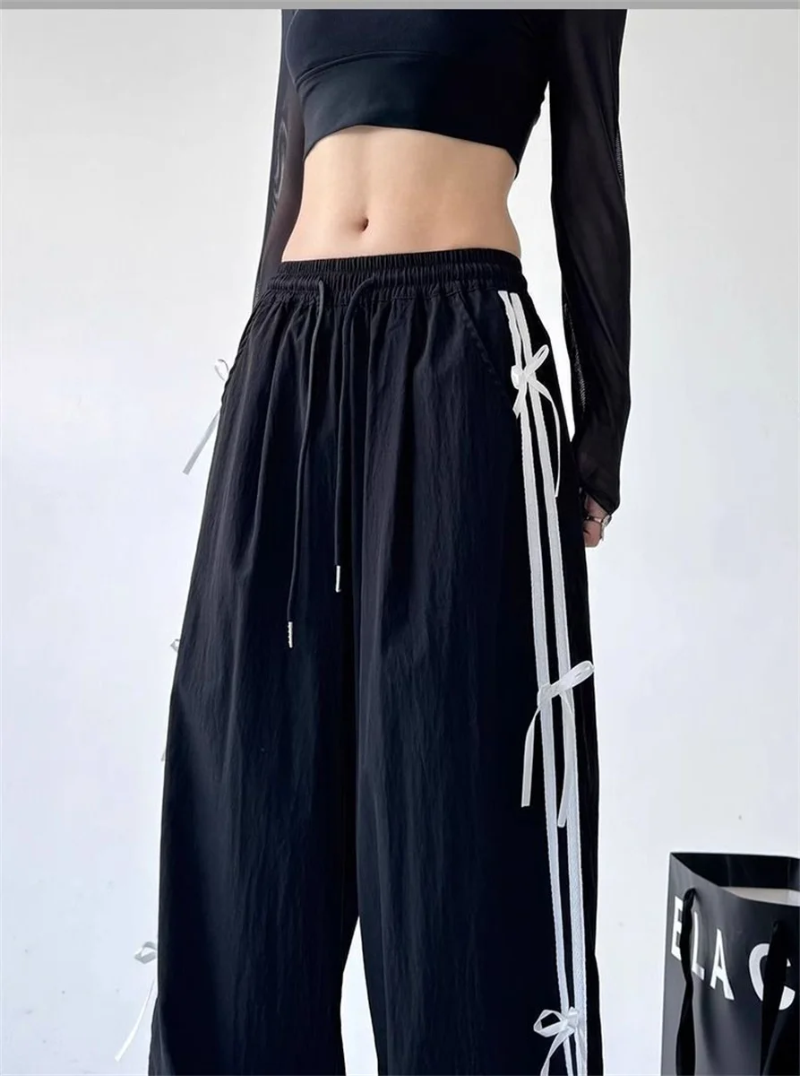 Retro Side Stripe Bowknot Wide Leg Pants Women High Waist Casual Sports Trousers Harajuku Cargo Pants Streetwear Hip Hop Joggers