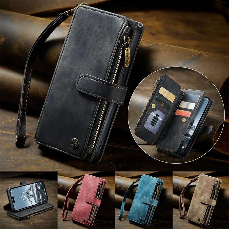 

Retro Leather Case For iPhone 15 14 13 12 11 Pro Max Plus CaseMe Auto Closing Magnetic Zipper multi-card slot Flip Wallet Cover