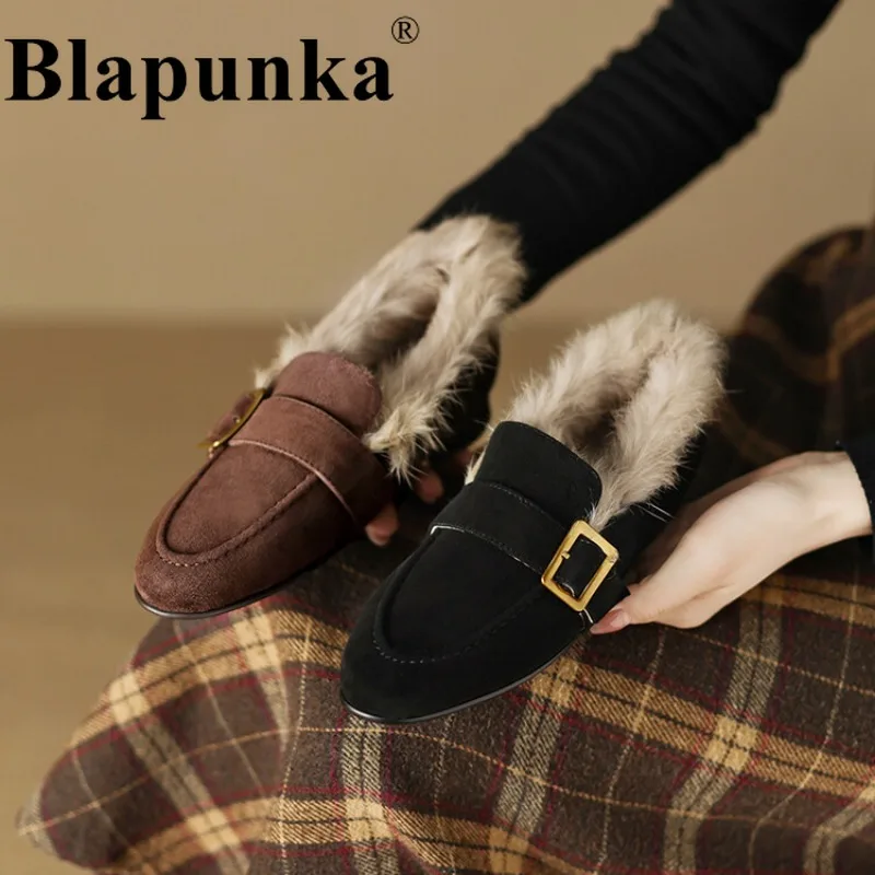 

Blapunka Real Rabbit Fur Women Loafers Metal Buckle Sheep Suede Slip-on Flat Casual Shoes Woman Leisure Loafers 33-41 All Season