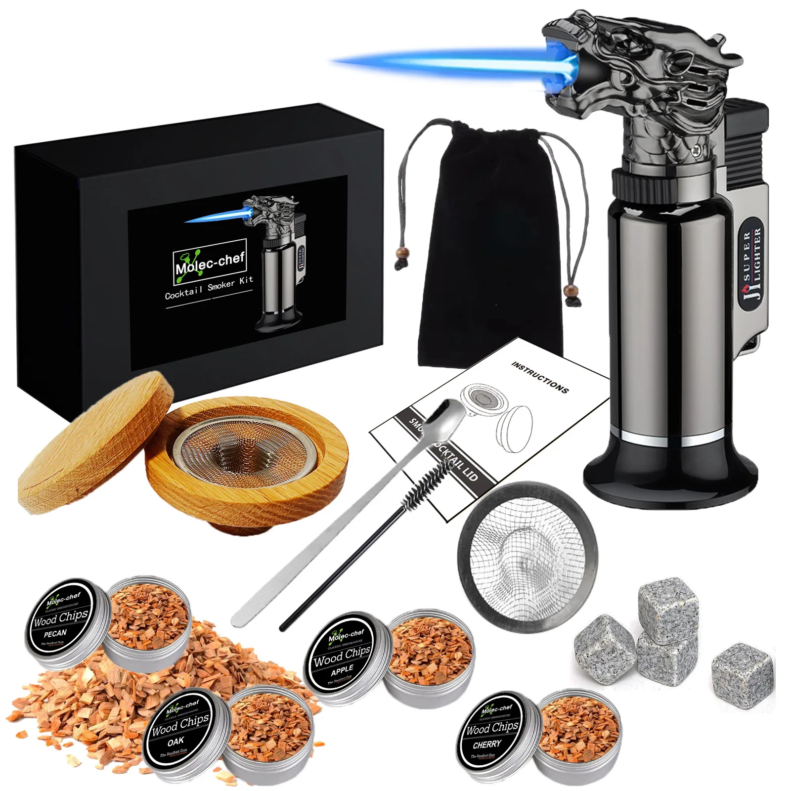 Whiskey Smoking Set Cocktail Smoker Kit With 4 Flavored Wood Chips Dragon Torch Ice Tube Smoked Wooden Box