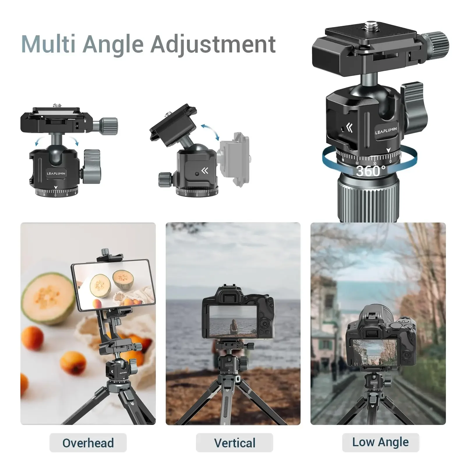 리플라이트 로우 프로파일 카메라 삼각대 볼 헤드 360도 회전 볼헤드 (아르카 스위스 퀵 릴리즈 플레이트 포함) 삼각대 휴대폰 거치대용