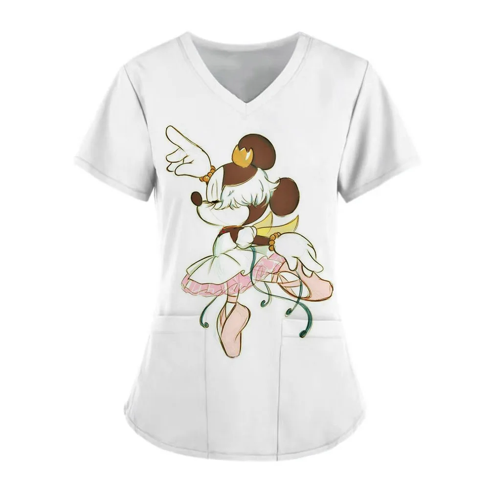 thumbnail image 1 of Uniforme de enfermera para mujer, camiseta de manga corta con cuello en V y estampado de Mickey Mouse de Disney, uniforme de enfermera de trabajo con bolsillos, 1 of 5