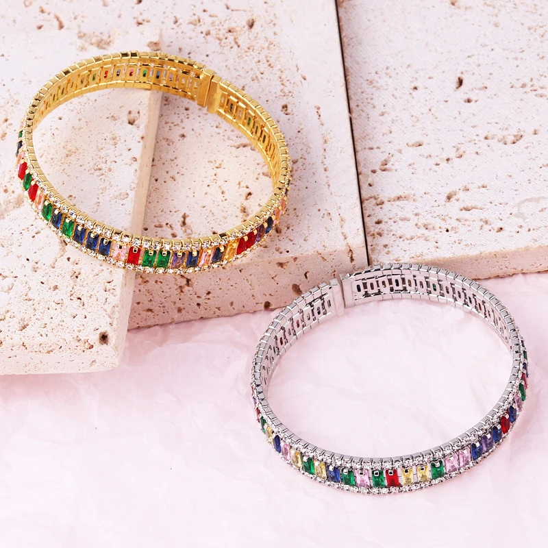 Hoge Kwaliteit 18K Vergulde Geometrische Zirkoon Armband & Bangles Voor Vrouwen Regenboog Kristal Manchet Armbanden Bruiloften Feest Sieraden