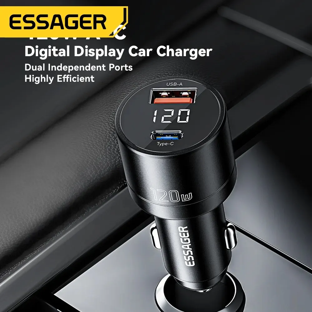 Essager 120W Car Charger Type C QC4.0 USB C Fast Charging 100W PD3.0 for iPhone 15 14 13 12 11 Samsung Xiaomi Macbook Laptop car charger car phone charger