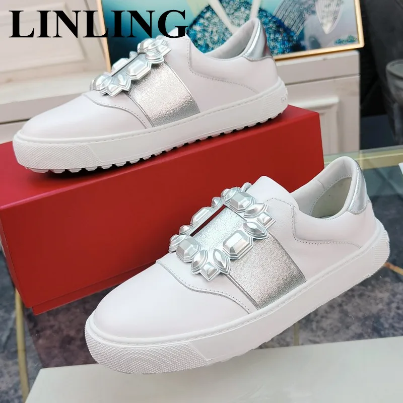 

Luxury Rhinestone Buckle Women Sneakers Leather Women's Casual Shoes Fashion Chunky Sneakers Woman Thick Sole Sport Shoes Ladies
