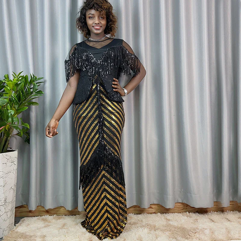 

African Dresses for Women Summer Elegant African Short Sleeve O-neck Gold Silver Polyester Sequined Wedding Party Long Dress