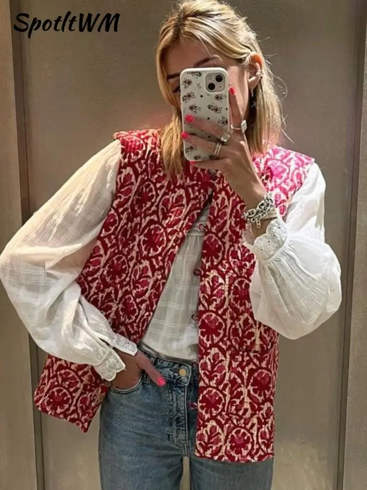 

2023 Vintage Floral Printed Vest Jacket Women National Style Casual Vests Lady Patchwork Elegant Streetwear Waistcoat