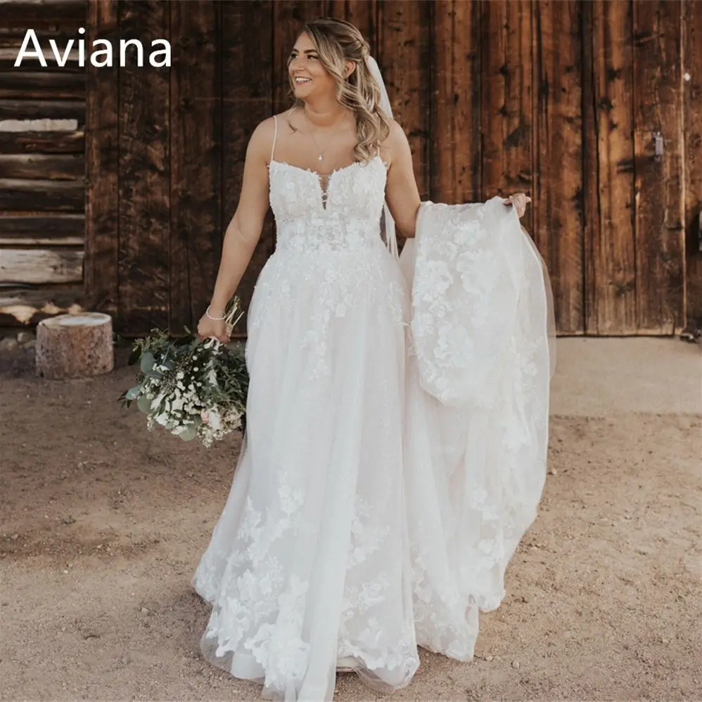 

Aviana Sweetheart Spaghetti Strap Appliques Lace Wedding Dresses Sleeveless Backless Sweep Train Party Gowns Vestido De Novia