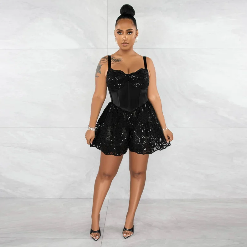 

WUHE Sequined Sleeveless Strap Tunic Romper Fashion Women Jumpsuit 2023 Summer Sexy Party Flare One Piece Set Playsuit