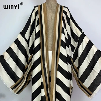 WINYI kimono Africa summer boho Stripe print beach swimwear Elegant Cardigan sexy Holiday maxi beach wear swimsuit evening dress 1