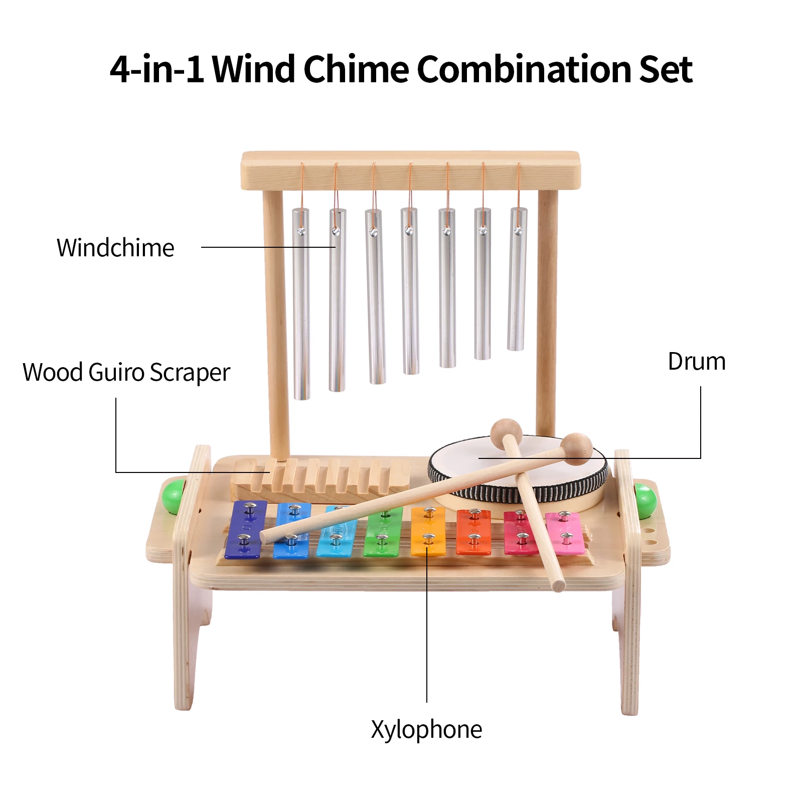 

Wind Chime Combination Set Kids Drum Set Windchime Xylophone Drum Wood Guiro Scraper 4-in-1 with 2 Mallets Music Kit