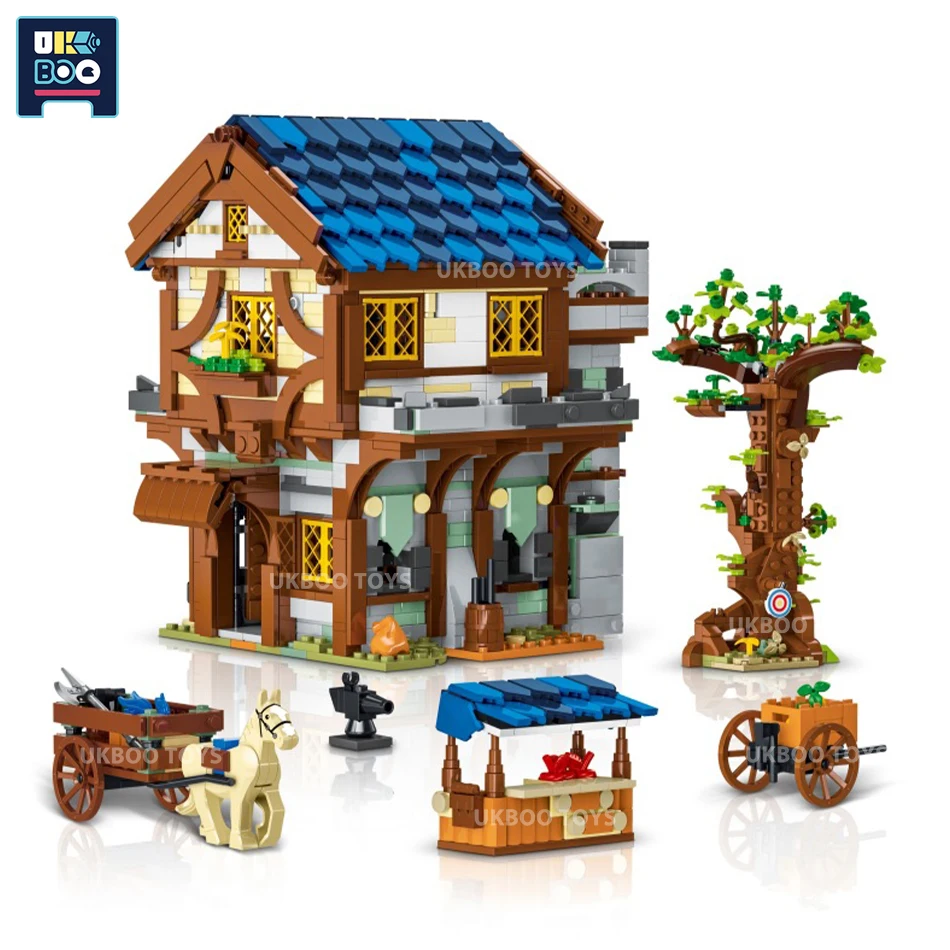 

UKBOO 1724pcs MOC Medieval Town Market Retro House Street View Ideas Building Blocks Bricks City Construction Toys for Children