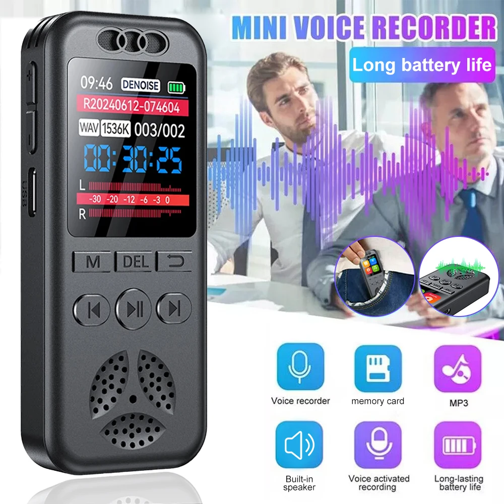 Digital Voice Recorder Professional Noise Reduction Audio Dictaphone Voice Activated Sound Recording MP3 Player Long Time Record