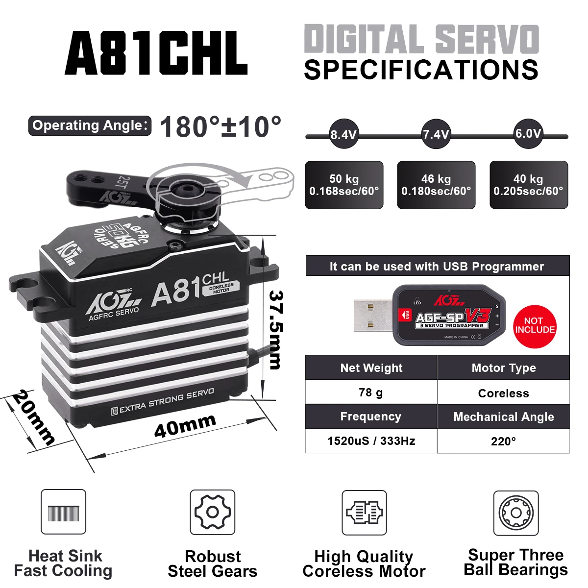 Agfrc a81chl 50kg Stahl zahnräder 180 ° hv kernloser programmier barer digitaler Standard-Servomotor für rc Auto-Crawler-Flugzeug-LKW-Roboter – Detail 4