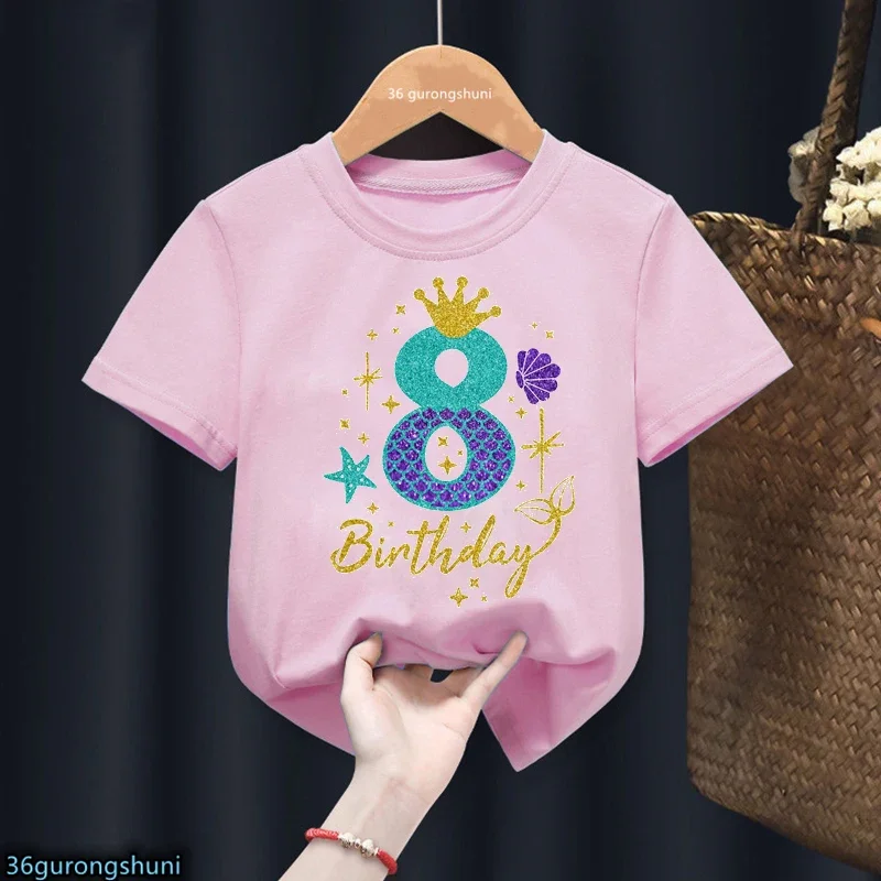 thumbnail image 1 of Bonita ropa para niños, regalo de sexto cumpleaños, camiseta de algodón para niñas, camiseta con estampado de corona de princesa sirena, camisetas rosas Harajuku Kawaii, 1 of 5