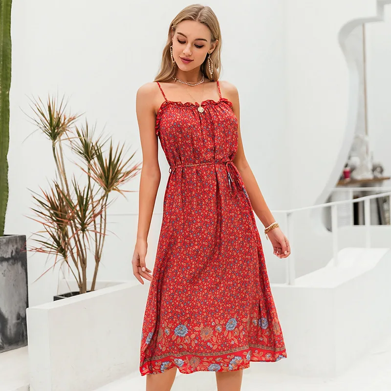 

2022 Popular Spring/Summer Vacation Style Beach Belt Sling Mid-Length Dress Women's Printed
