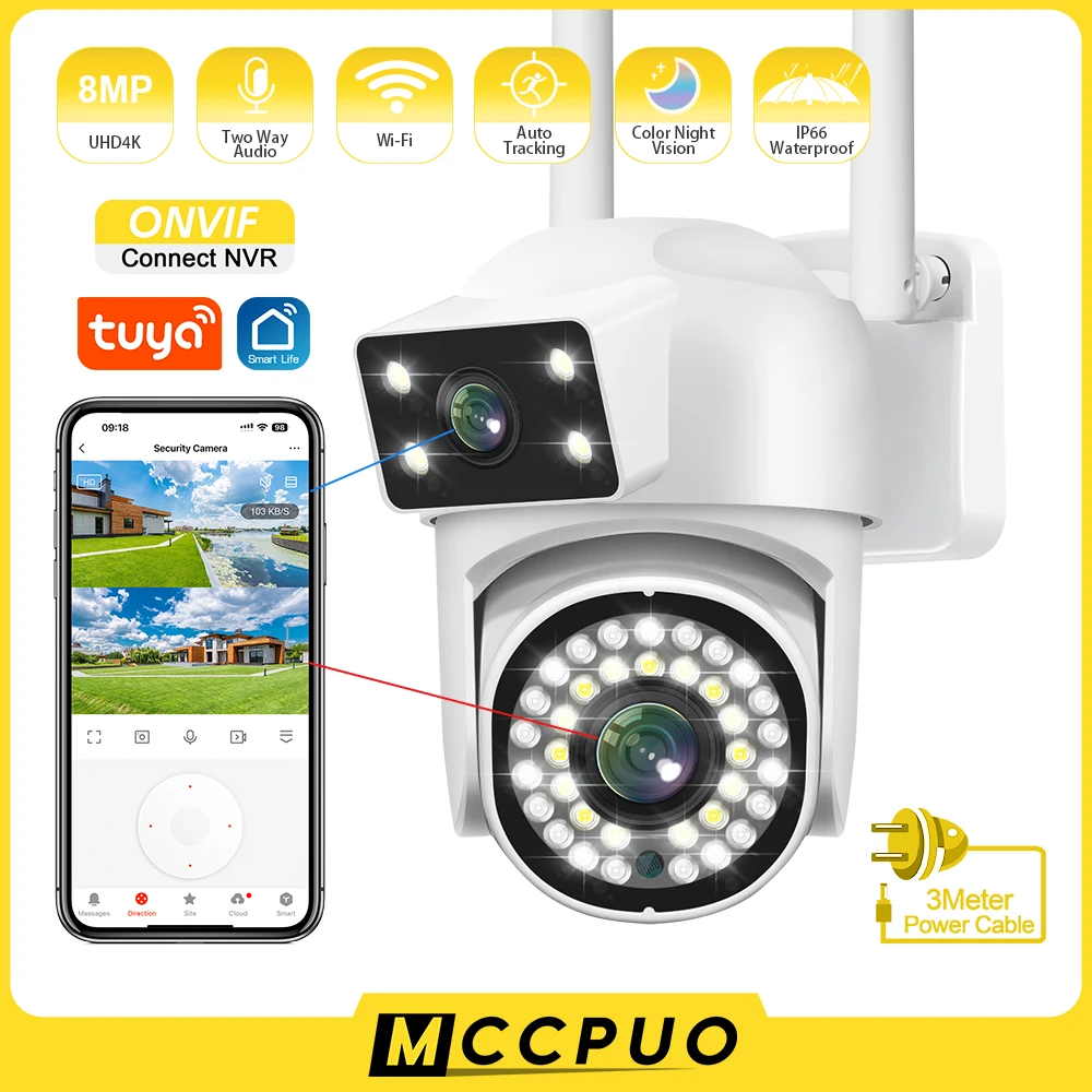 

Mccpuo 4K 8MP Dual Lens PTZ WIFI Camera Dual Screen AI Human Tracking Outdoor Onvif 4MP Security Video Surveillance Camera Tuya