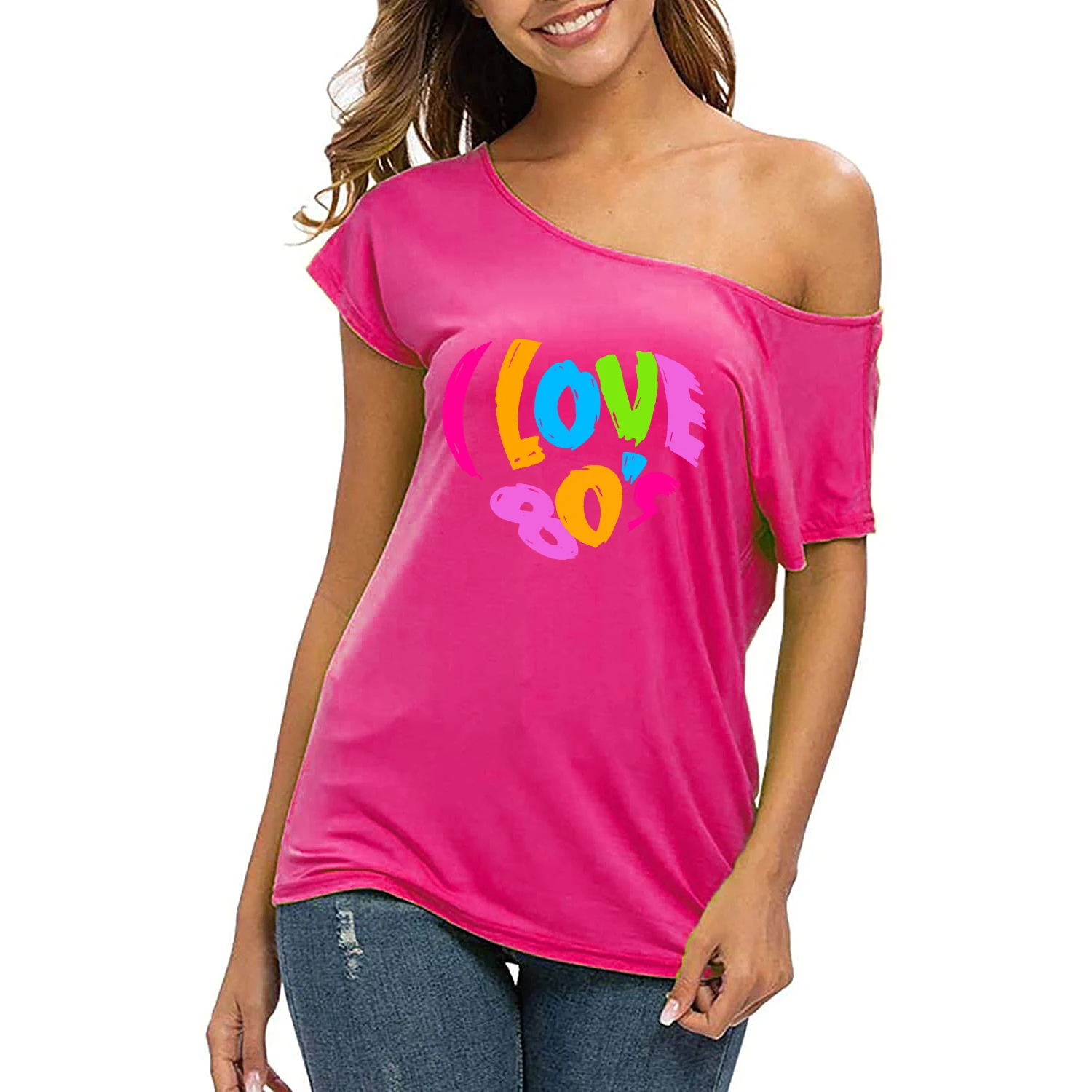 XUANSHOW 2024 Sommer Ich Liebe 80er Jahre Herz Emotionales Element T-shirt Sexy Off Schulter Tops Kurzarm Buchstaben Gedruckt T-shirt – Detail 17