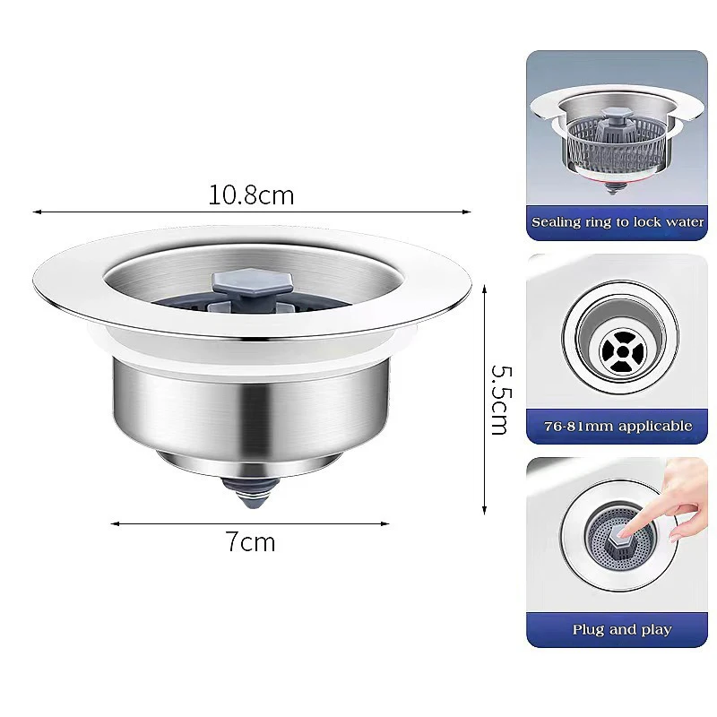 Houseeker 3 in 1 Pop Up Sink Filter ABS Kitchen Sink Strainer Drain Basket Stopping Blockage Bouncing Core Leak-proof Plug Cover 5