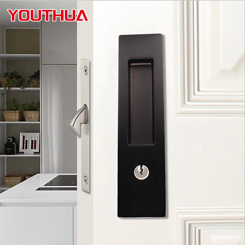 

YOUTHUA Sliding Barn Door Lock Black Invisible Recessed Handle Latch with Keys Zinc Alloy Interior Pocket Door Lock Hardware