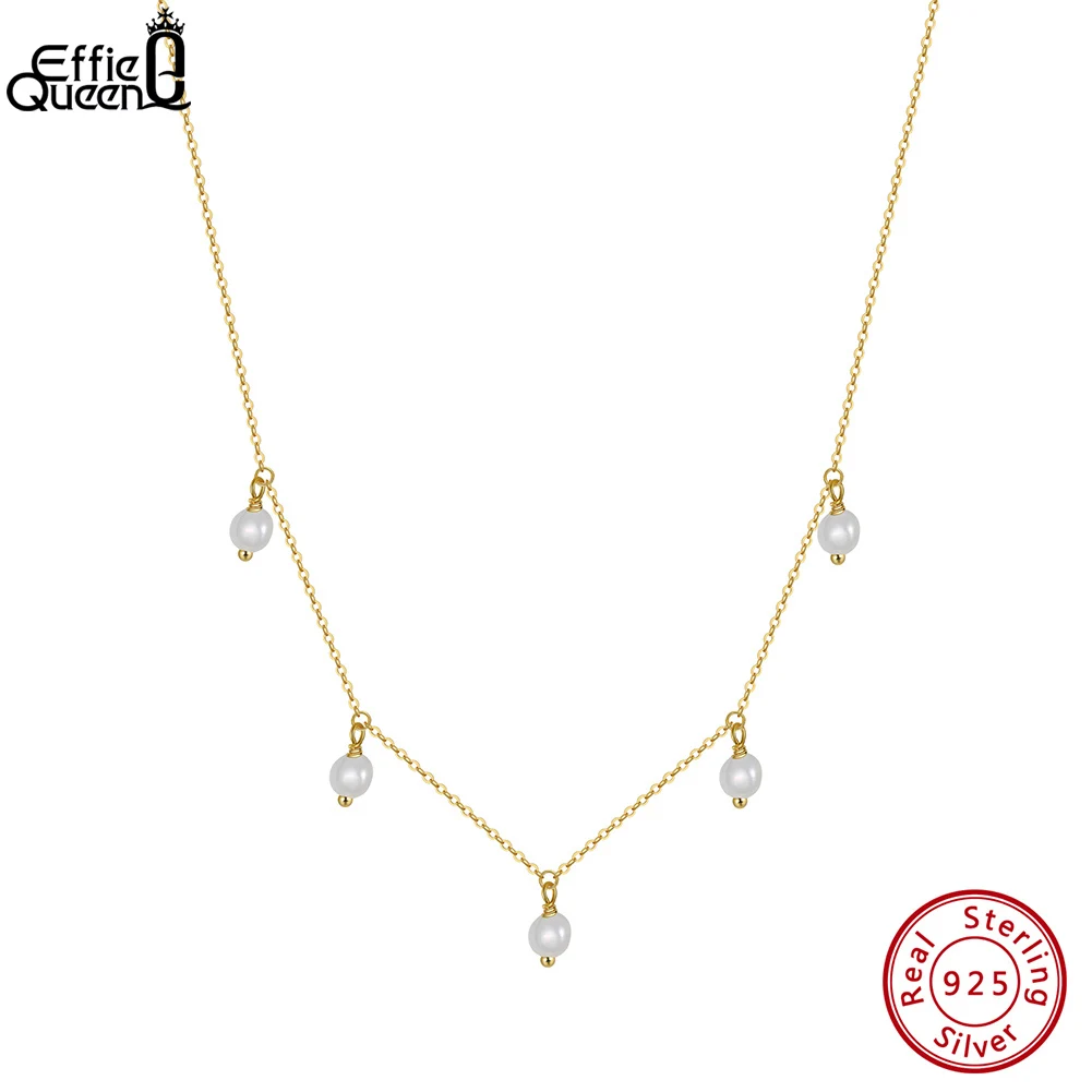

EFFIE QUEEN 925 Sterling Silver 6mm Natural Freshwater Pearl Necklace for Women 14K Gold Baroque Pearl Pendant Jewelry Gift GPN2