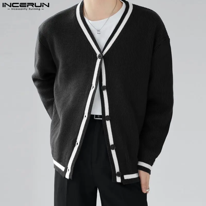 

2023 Men Sweaters Patchwork V Neck Long Sleeve Knitted Cozy Cardigan Men Streetwear Button Fashion Casual Kimono S-5XL INCERUN