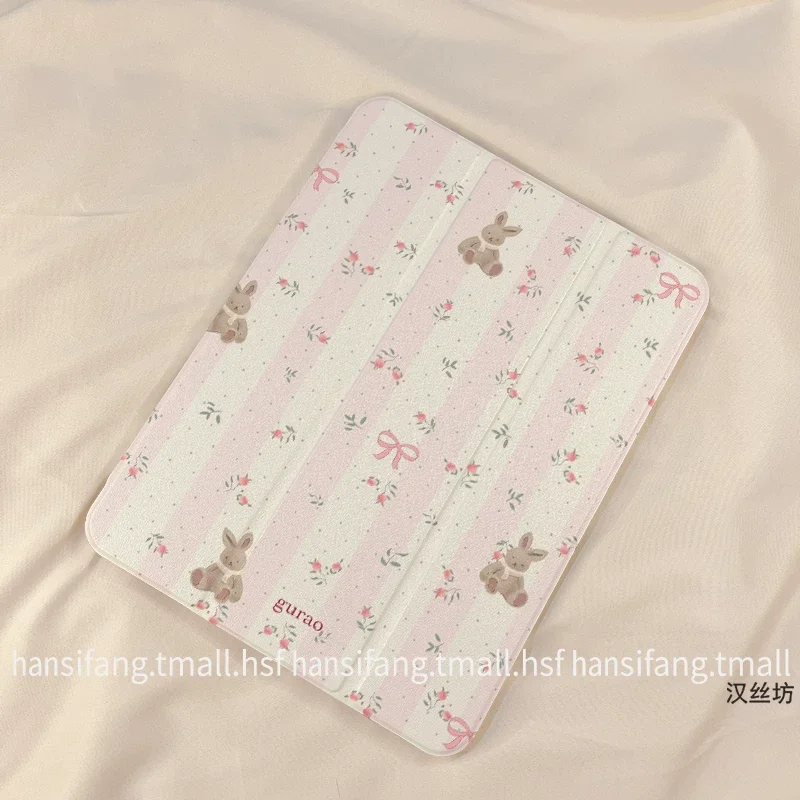 720° Rotating Pink Flower Rabbit Triple Fold Pad Case