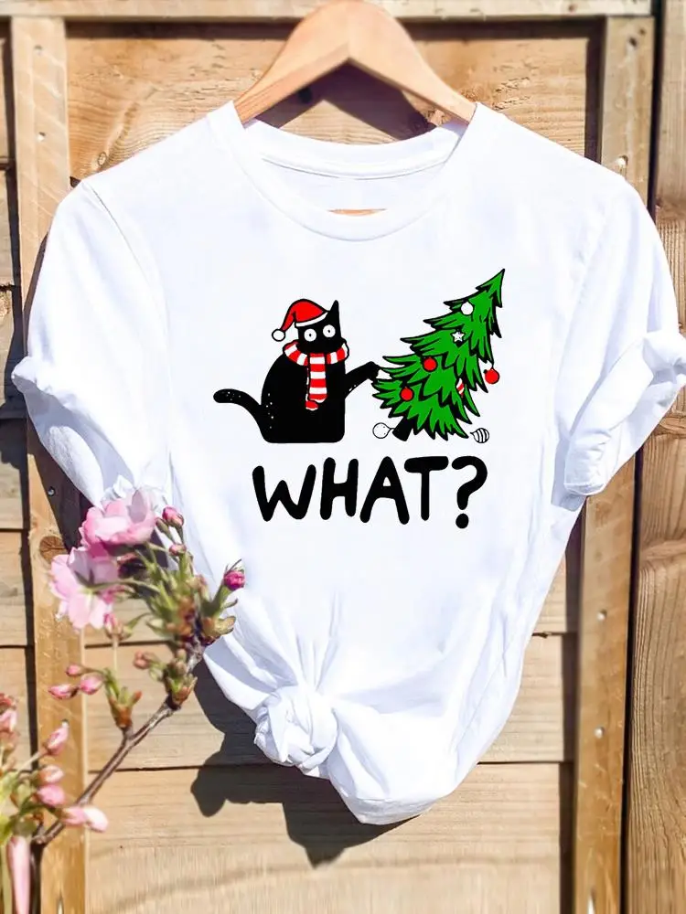 Buon Natale Capodanno Vacanze Graphic Tee Fashion Cat Tree Lovely Anni '90 Cute Female Print T Top Donna Shirt Abbigliamento T-Shirt