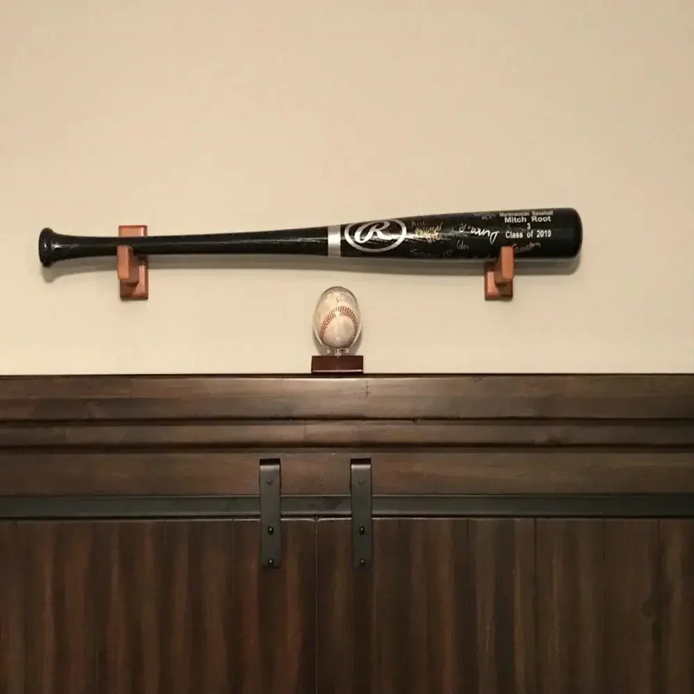 Baseball Softball Bat Rack Wood Felt Liner Wall Mount for Horizontal Display-Solid Ash Tree Hidden Screws Handmade Brown