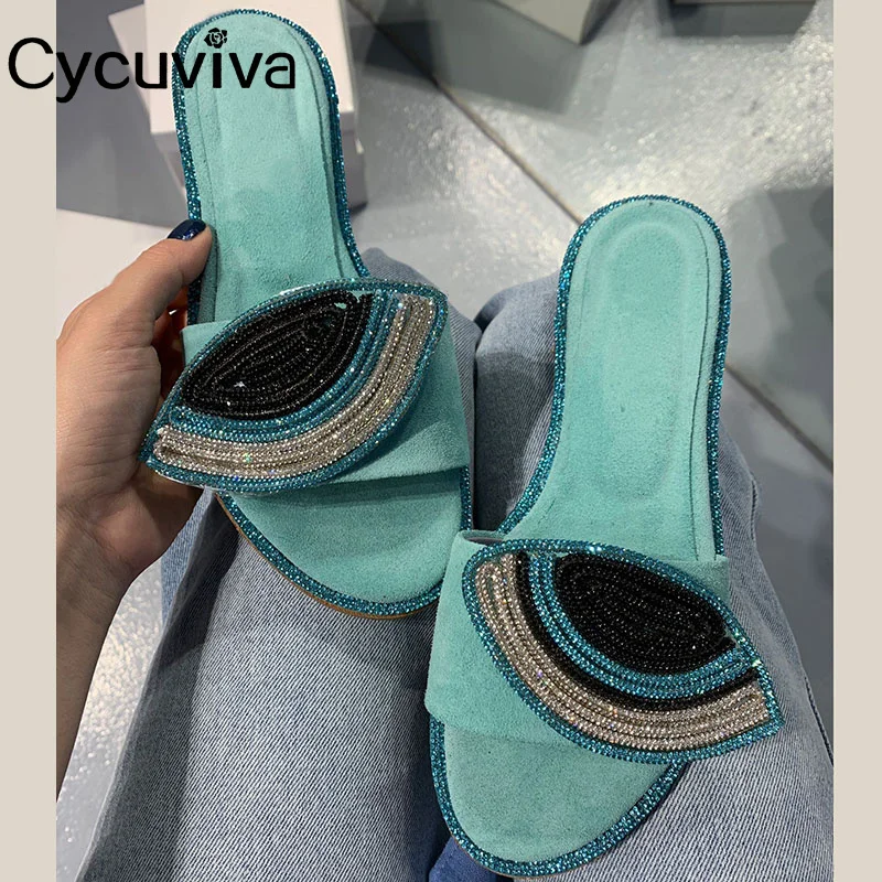 

Summer Kidsuede Leather Flat Slippers Women Crystal Slides Holiday Beach Shoes For Women Slippers 2023 New Gladiator Sandals