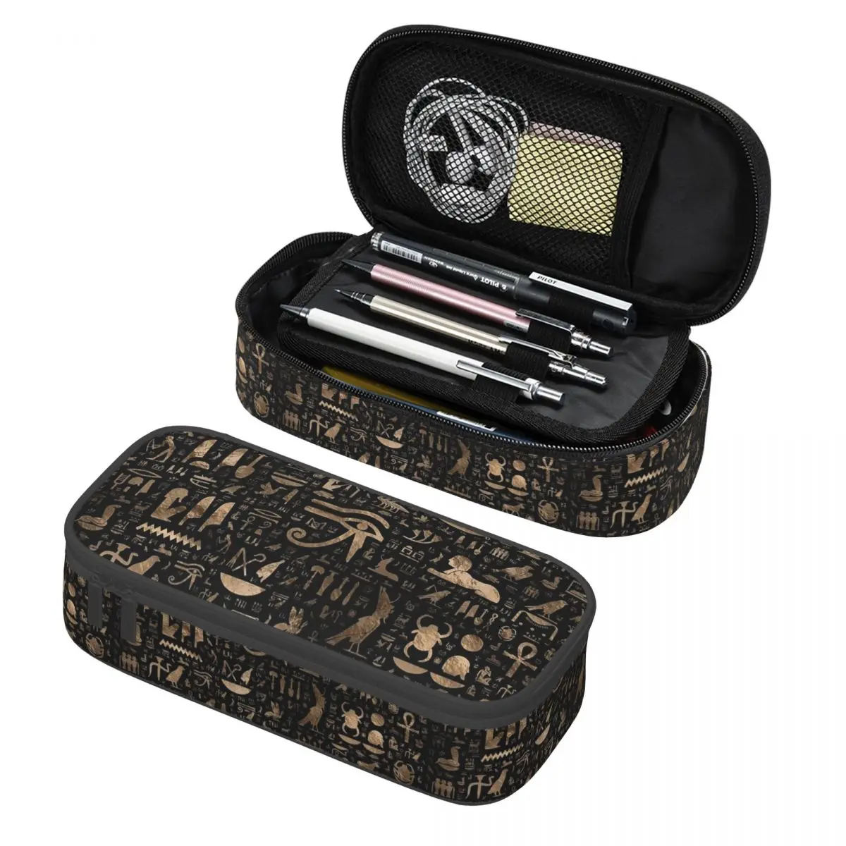 고대 이집트 상형 문자-검정 및 금색 연필 케이스, 대형 보관 펜 가방, 펜 상자 연필 파우치, 남아 여아 학생용