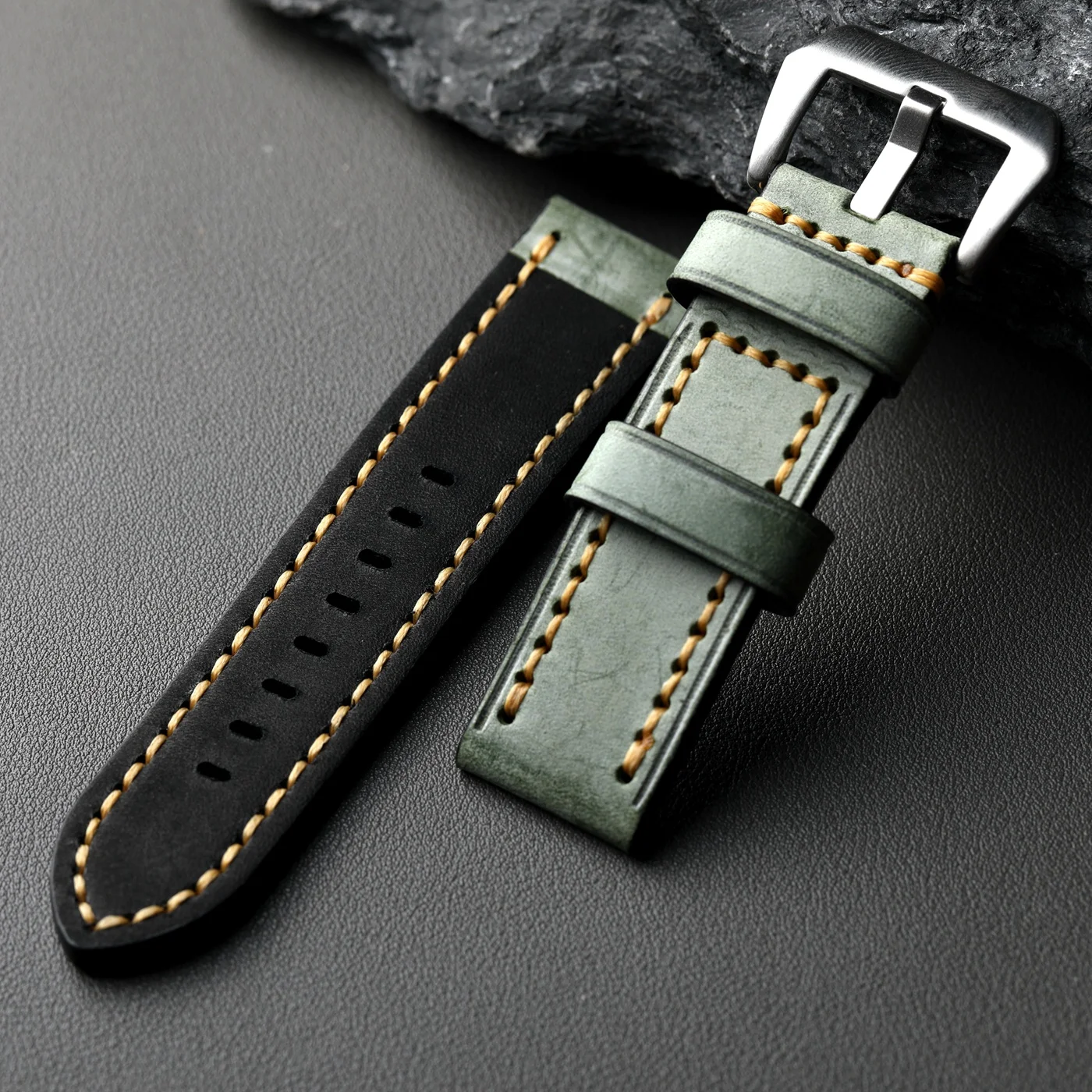 Luxurious Handmade Italian Cowhide Leather Strap in Green Grey