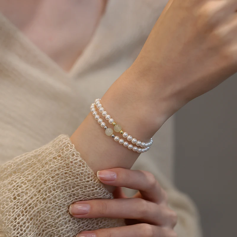 925 Silver Pearl and Jade Bracelet for Women, Light, Luxury, Niche, Delicate, Bead, Hand Decoration, New, 2024