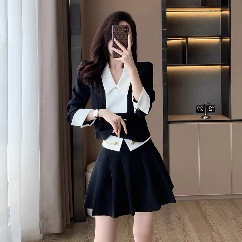 

UNXX 2023 Early Autumn New Women's Clothing Matching Set Blazer Petite Heightening Black Midi Skirt Set 2 Pieces Elegant Girls