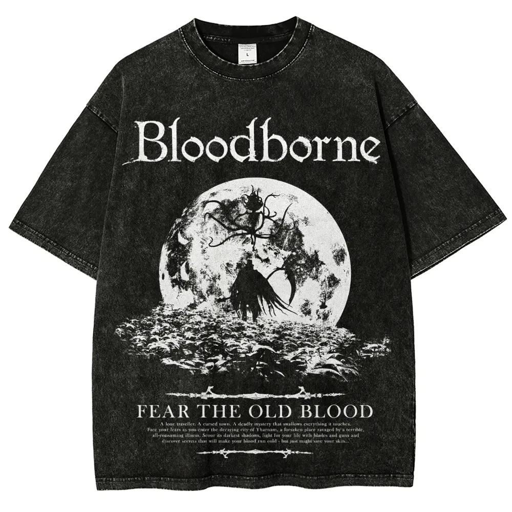 New Top Fashion Action Role-playing GameBlood Borne Peripherals Print T-shirt Vintage Washed Men Women Cotton Loose Oversize Tee