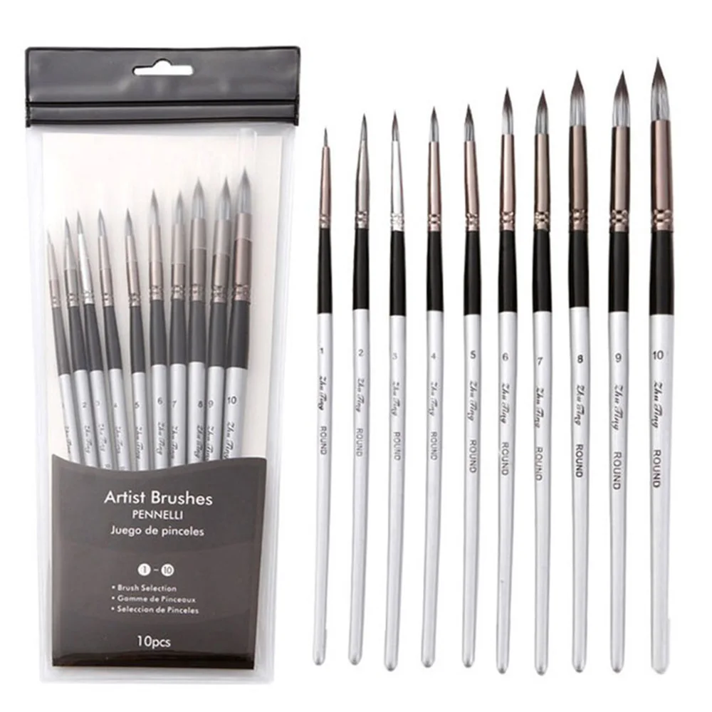 10pcs Round Watercolor Paint Brush Set Soft Hair Comfortable Handle for Watercolor Acrylic Gouache Oil 4