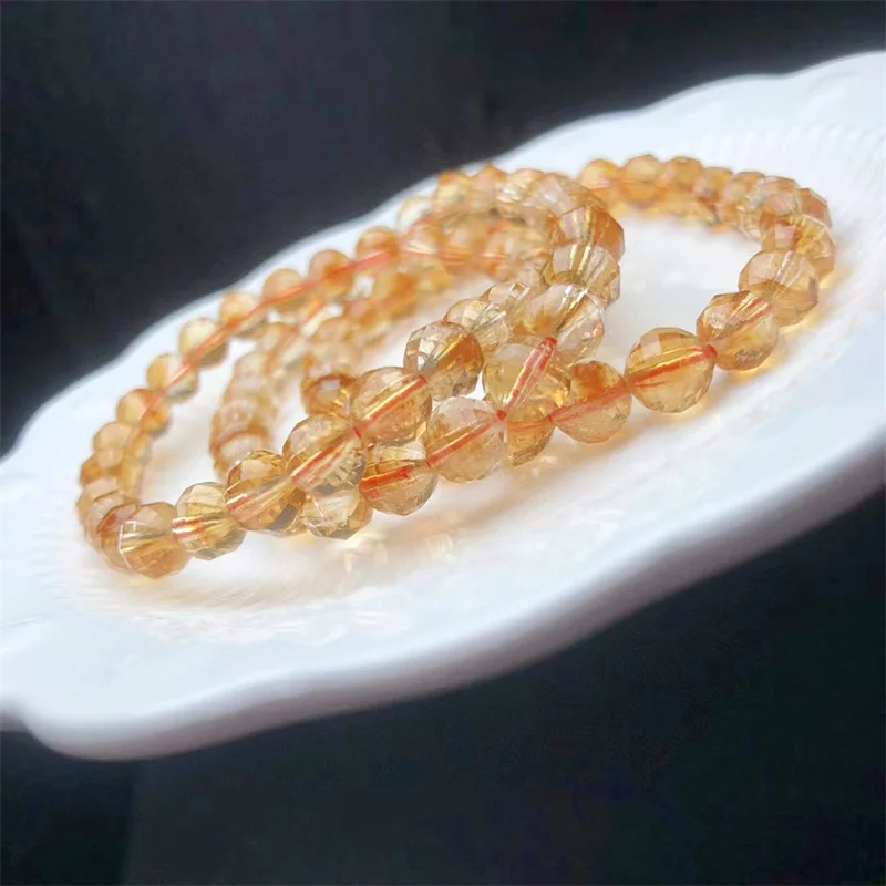 

7MM Natural Citrine Sphere Faceted Bracele Clear Round Beads Bracelet Crystal Stretch For Women Man Chirstmas Gift 1PCS