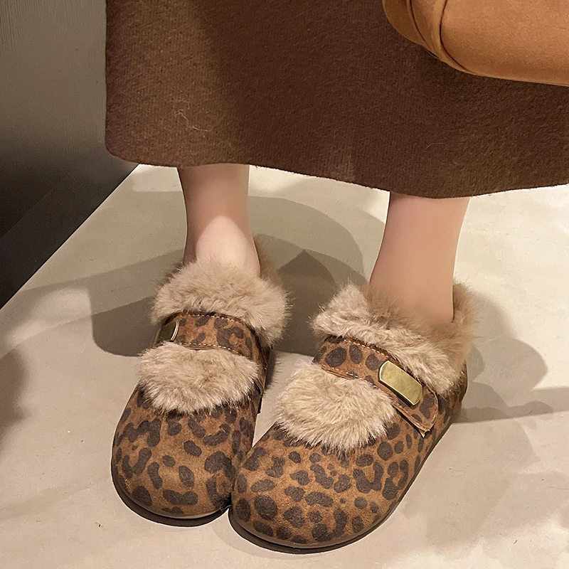 Aphixta Metal Buckle Loafers Warm Winter Shoes Furry Women Loafers Leopard Print Suede Shoes Short Plush Lining Flat Heel Shoes