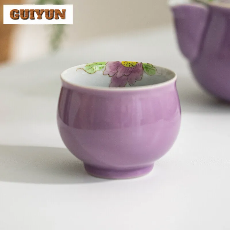 Hand Drawn Purple Peony Travel Tea Set Boutique Hand Grasp Pot Tea Set Kit Elegant 1 Pot 2 Cups Maker Stock Bags Decoration