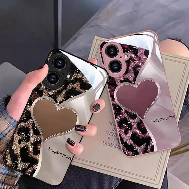 Leopard-Print Heart Phone Case with Tempered Glass Protection