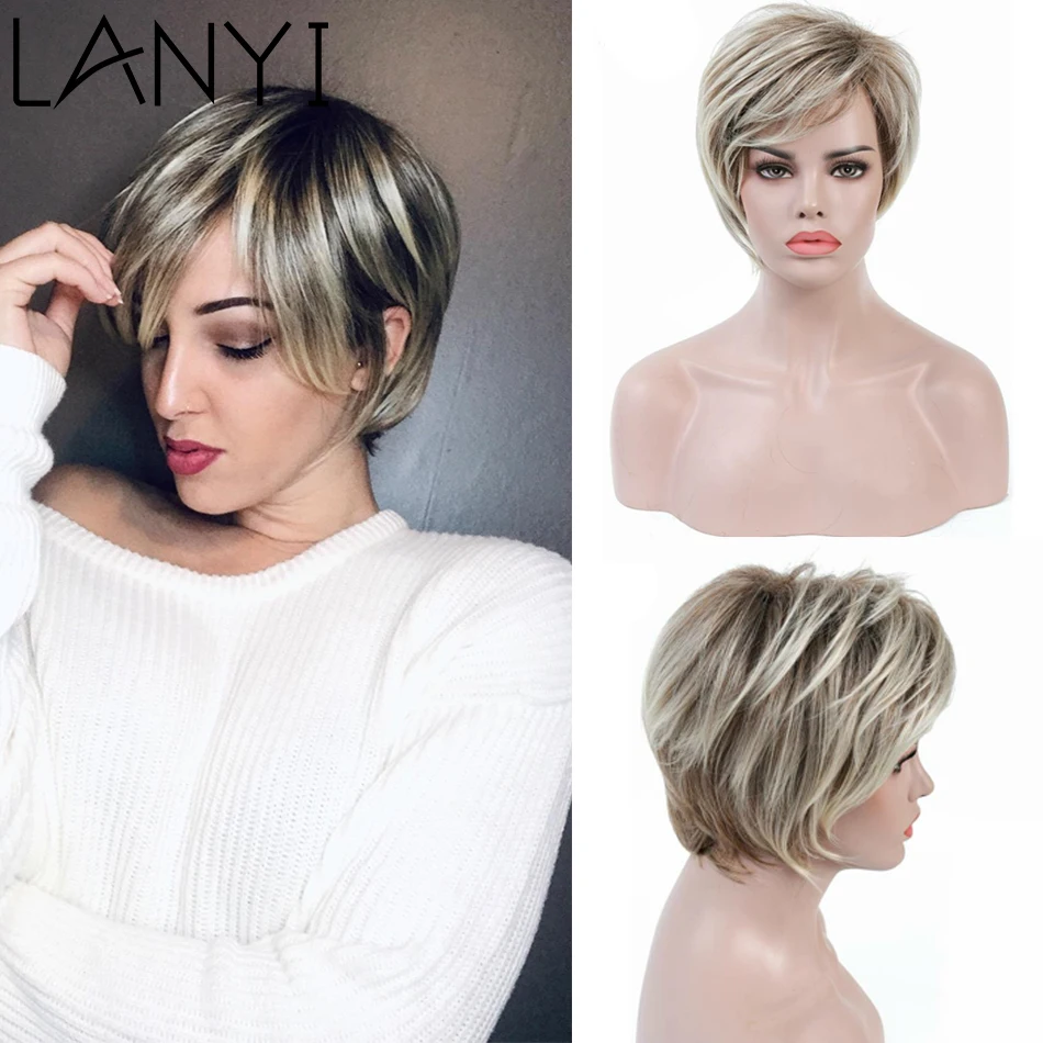 

LANYI 6" Short Omber Blonde Wig Synthetic Bob Straight Hair Wigs Fluffy Pixie Cut Wig For Black White Women Heat Resistant Wig